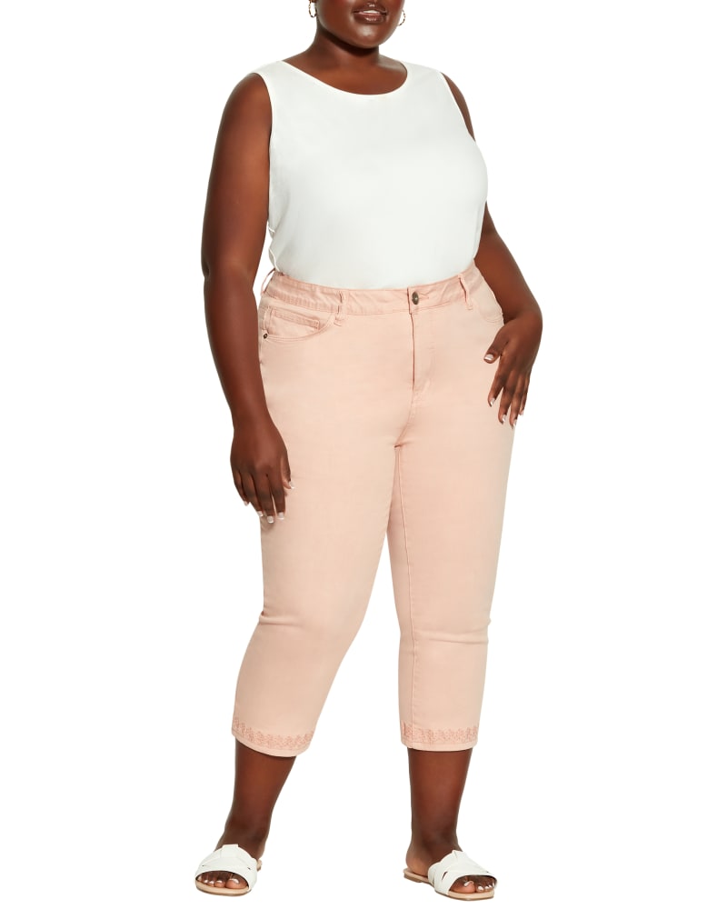 Plus size model wearing Aliana Embroidered Hem Capris by Avenue | Dia&Co | dia_product_style_image_id:191244